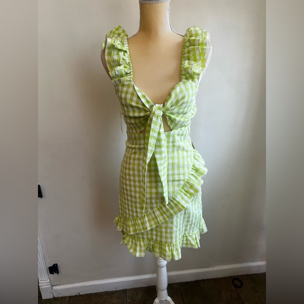 Green Gingham Seersucker Tie Front Ruffle Mini Dress Cutout Summer